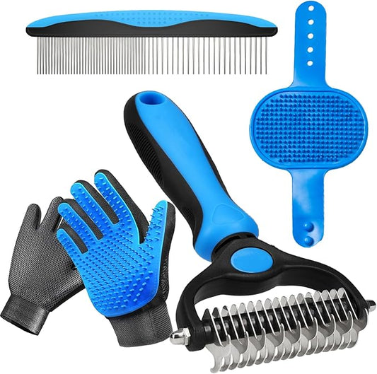 4-in-1 Pet Grooming Kit - Deshedding Rake, Fine Tooth Comb, Grooming Gloves & Massage Brush for Dogs & Cats - Remove Loose Hair, Reduce Shedding, Detangle Mats (Grooming Rake Set)