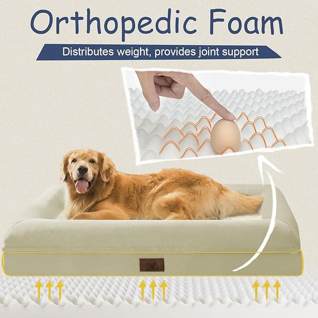 XL Dog Bed for Large Dogs, Orthopedic Dog Bed Egg Crate Foam with Removable Washable Cover, Waterproof Non-Slip Big Pet Sofa with 4-Sides Removable Bolster, Beige
