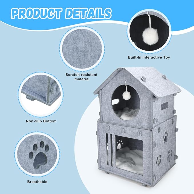 2-Storey Detachable Cat House for Indoor Cats Bed, Covered Beds & Furniture with Washable Cushioned, Cute Modern Condo for Multi Small Pet Large Kitten Kitty, Grey