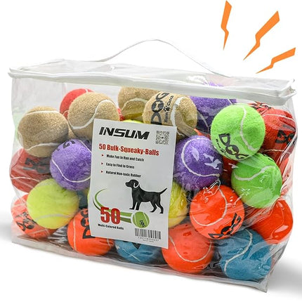 Squeaky Tennis Balls for Dogs - Bulk 50 Pack 2.5'' Durable Non-Toxic Outdoor Dog Toys Balls with Mesh Bag, SGS Certified, Colorful Fetch Toys, Medium Large Breeds