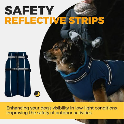 Lelepet Dog Coat for Large Dogs Waterproof Dog Jacket with Harness Built in Reflective Windproof Fleece Jacket with Zip Warm Winter Coats for Dogs Cozy Thermal Pet Snowsuit, Border Collie, Blue, XL