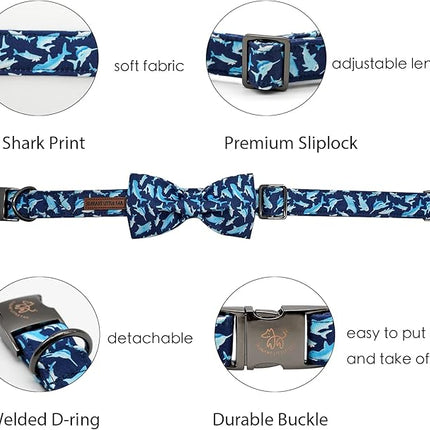 Elegant Little Tail Bowtie Dog Collar - Shark Print, Adjustable for Small Dogs