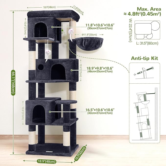 Globlazer Corner Cat Tree 66 inch Multi-Level Climbing Tower Kitty Condos Cat Scratching Tower for Indoor Multiple Cats with Large Platform, 3 Cat Caves, F66, Dark Grey