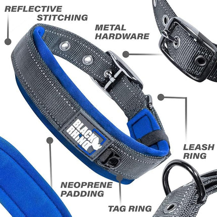 Black Rhino Dog Collars for Medium Dogs - Adjustable Reflective Heavy Duty Dog Collar with Ultra-Soft Neoprene Padding - Weatherproof, Durable, and Comfortable - Ideal for Active Dogs - Blue and Gray