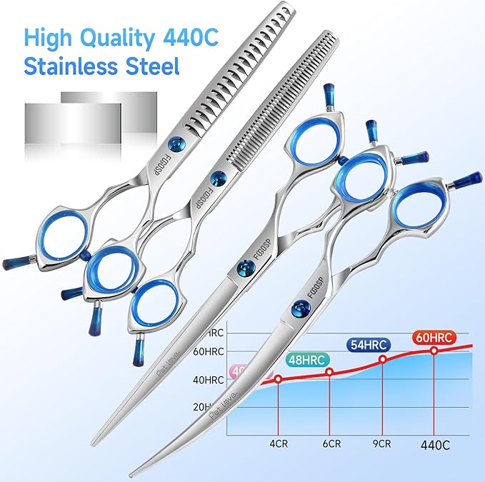 Dog Grooming Scissors Set 7.5 in Professional Curved Thinning Straight Chunker Shears 4Pcs Kit Grooming Big Dogs Poodle Pet Japan 440C Stainless Steel(7.5'',Kit)