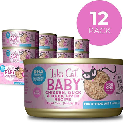 Tiki Cat Baby, Chicken Duck & Duck Liver Mousse & Shreds, High-Protein and Flavorful, Wet Cat Food for Kittens 4 Weeks Plus, 2.4 oz. Cans (Pack of 12)