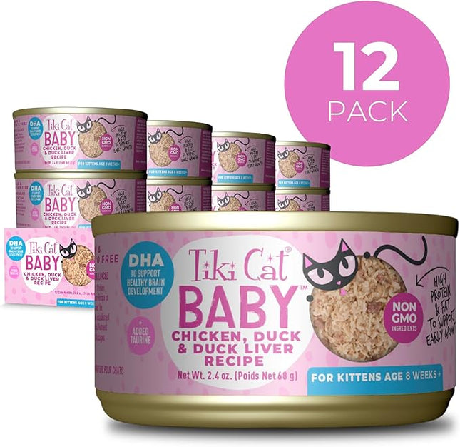 Tiki Cat Baby, Chicken Duck & Duck Liver Mousse & Shreds, High-Protein and Flavorful, Wet Cat Food for Kittens 4 Weeks Plus, 2.4 oz. Cans (Pack of 12)