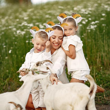 Beviliu Goat Ears Headband with Ram Horns, Animals Ears and Horns Headband, Sheep Ears Custome Lamb Ears Headwear for Halloween Christmas Birthday Party Theme Cosplay Washing Face