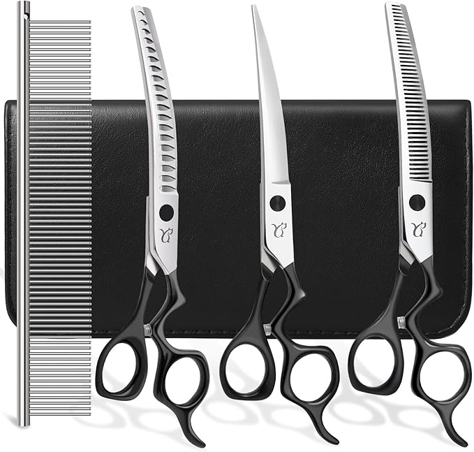 Dog Grooming Scissors,Curved Chunkers Shears Deg Grooming with Safety Round Tips, Sharp and Comfortable 4 in 1 Dog Scissers for Grooming