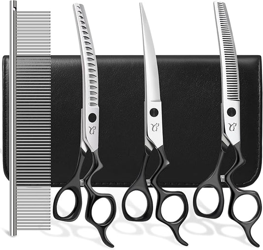 Dog Grooming Scissors,Curved Chunkers Shears Deg Grooming with Safety Round Tips, Sharp and Comfortable 4 in 1 Dog Scissers for Grooming