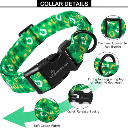 ARING PET St Patrick Collar for Dogs, Cotton Adjustable Green Shamrock Pet Collar Trefoil Puppy Collars with Quick Release Buckle for Large Boy Girl Dogs