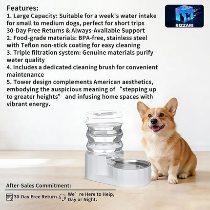 RIZZARI Dog Water Bowl Dispenser: 5L Large Automatic Stainless Steel Gravity Feeder with Specialized Brush and Triple Filter - for Cats with Joint Spine Pain - for Kitchen Bedroom