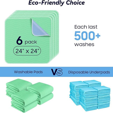 6 Pack 24” x 24” Extra Heavy Absorbency Washable Underpads, Waterproof Nursing Pads Incontinence Bed Pads, Reusable Washable Pee Pads for Dogs, Diaper Changing & Adults, Washable Puppy Pads