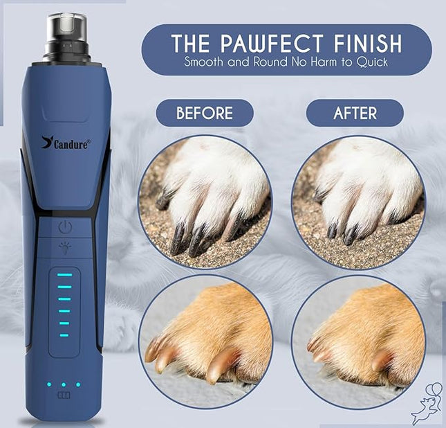 Candure Dog Nail Grinder Upto 6-Speed Dog Nail Trimmer for Large, Medium, Small Dogs, Cats & Pets - Low Noise Rechargeable Dog Claw Grinder with 360° LED Lights & Extra Grinder Head