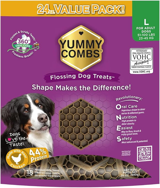Yummy Combs Dog Dental Treats – Vet VOHC Approved – Delicious Chicken Protein – Removes Tartar with Cleaning Comb Shape – Dental Dog Treats for Large Dogs (24oz, 18 Count)
