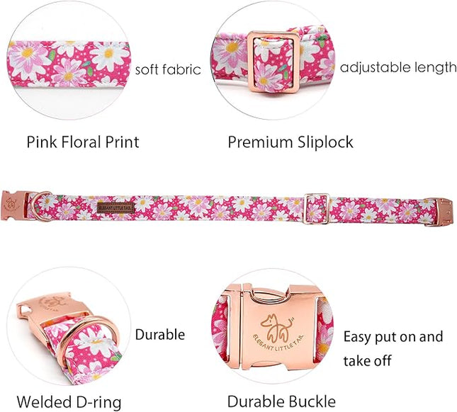 Elegant little tail Dog Collar, Pink Floral Pattern Pet Collar Durable Cute Dog Collars Summer Female Pet Gift Adjustable Dog Collar for X-Small Dogs