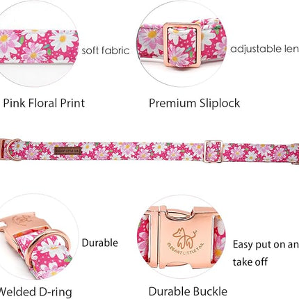 Elegant little tail Dog Collar, Pink Floral Pattern Pet Collar Durable Cute Dog Collars Summer Female Pet Gift Adjustable Dog Collar for Large Dogs