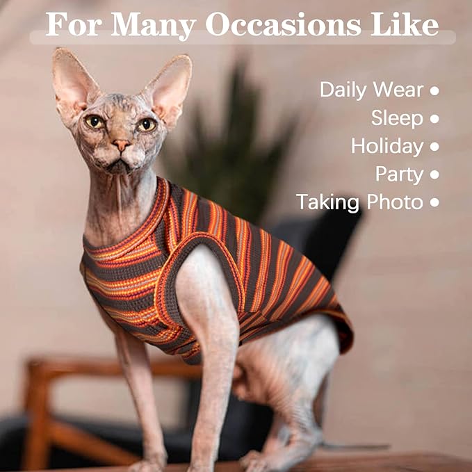 BRKURLEG Sphynx Hairless Cats Shirt Puppy Clothes Soft Cotton T-Shirts Cute Cats Pajamas Cat Stripes Vest Pet Sweater, Round Collar Vest Kitten Shirts(Red Stripes, XL)
