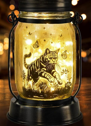 Cat Gifts Cat Solar Lanterns Cat Solar Lights Outdoor Cat Lover Gifts for Women Men Cat Lovers Gifts Hanging Cat Lanterns with Stake for Yard Lawn Garden Decor Waterproof Cat Butterfly Lantern Torches