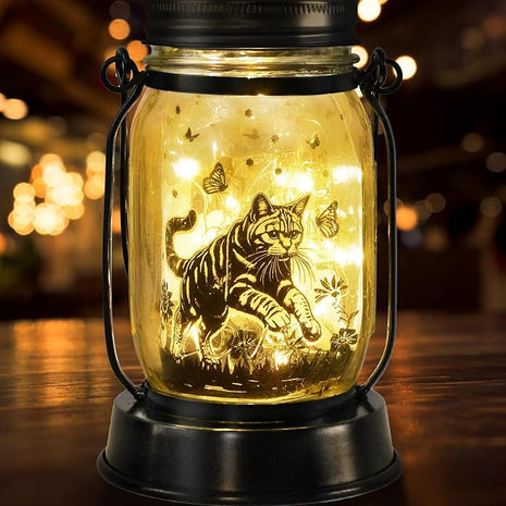 Cat Gifts Cat Solar Lanterns Cat Solar Lights Outdoor Cat Lover Gifts for Women Men Cat Lovers Gifts Hanging Cat Lanterns with Stake for Yard Lawn Garden Decor Waterproof Cat Butterfly Lantern Torches