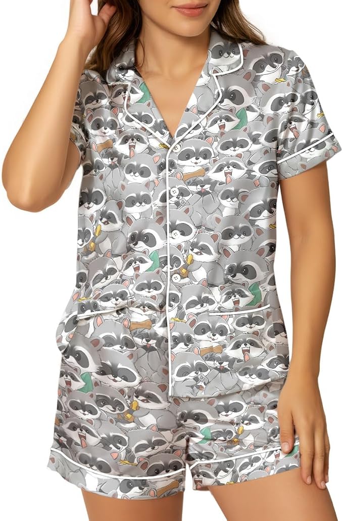 Women’s Silk Satin Pajama Set, Short Sleeve Button Down 2 Piece PJs with Shorts, Cozy Loungewear & Matching Holiday Pajamas