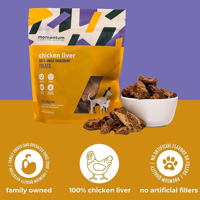 Momentum Carnivore Nutrition Freeze-Dried Chicken Liver Dog Treats – Single-Ingredient, Dog & Cat Treats – High-Protein, Grain-Free– 3.5 oz Bag