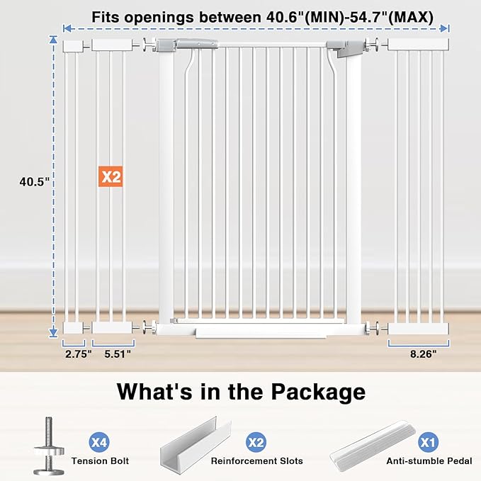 40.55" Extra Tall Baby Gate for Stairs-40.6"-54.7" Wide 1.37" Ultra Narrow Spacing Extra Wide Pet Cat Gate Dog Gate-Auto-Close Pressure Mounted Dog Door for Pets and Kids,White