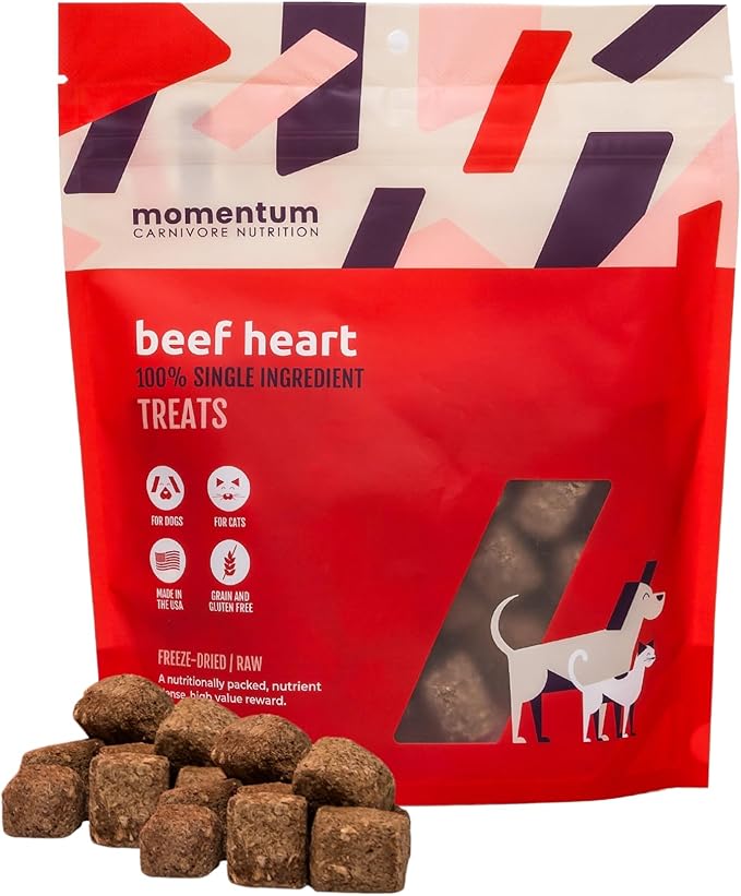 Momentum Carnivore Nutrition Freeze-Dried Beef Heart Dog Treats – Single-Ingredient, Dog & Cat Treats – High-Protein, Grain-Free– 3 oz Bag