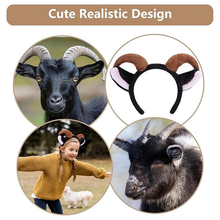 Beviliu Goat Ears Headband with Ram Horns, Animals Ears and Horns Headband, Sheep Ears Custome Lamb Ears Headwear for Halloween Christmas Birthday Party Theme Cosplay, Black