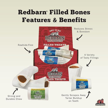 Redbarn Pet Products Large Filled Dog Bones, Cheese & Bacon Flavor - Long Lasting Stuffed Femur Chew Treat Made in USA - 4 Count - Packaging May Vary