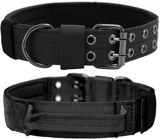 Tactical Dog Collar with Handle, Military Adjustable Heavy Duty Metal Buckle Dog Collars Soft Nylon Training Collar for Medium Large Dogs (Black, Large)