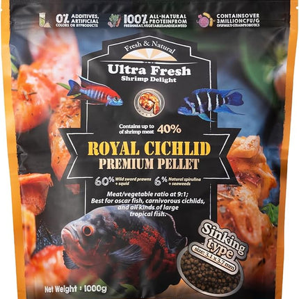 Ultra Fresh Cichlid Sinking Fish Food, Wild Sword Prawns, All Natural Ingredients, Carnivore Pellets for Large Cichlid and Tropical Fish, Royal Cichlid Premium Pellet 2.2 Pound