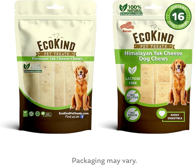 EcoKind Premium Gold Yak Cheese Himalayan Dog Chews, Healthy Dog Treats for Small Dogs, All Natural, High Protein Dog Chew, Bacon, Small - 16 Chews