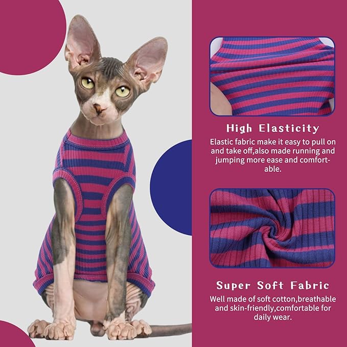 BRKURLEG Sphynx Hairless Cats Shirt Puppy Clothes Soft Cotton T-Shirts Cute Cats Pajamas Cat Stripes Vest Pet Sweater, Round Collar Vest Kitten Shirts(PinkBlue Stripes, M)