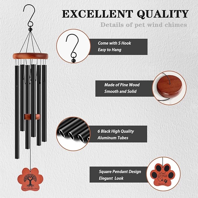 Pet Memorial Wind Chime, 28" Dog Memorial Gifts for Loss of Dog, Black Paw Pendant Pet Loss Gift, Dog Sympathy Bereavement Remembrance Gift
