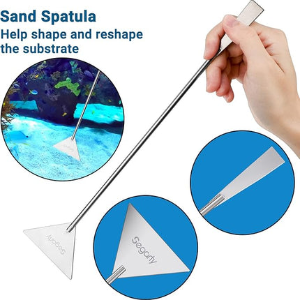 Segarty Aquarium Aquascaping Tools, 6 in 1 Stainless Steel Silver Aquascaping Tools Kit for Aquatic Plant Fish Tank, Long Scrapers Spatula Feeding Tweezers Curved Straight Scissors Aquarium Tools