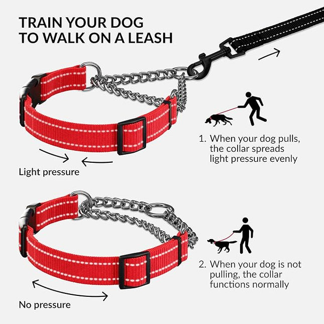 CollarDirect Martingale Dog Collar with Stainless Steel Chain and Quick Release Buckle - Reflective Collar for Large, Medium, Small Dogs - Red, Medium (Neck Size 14"-17")