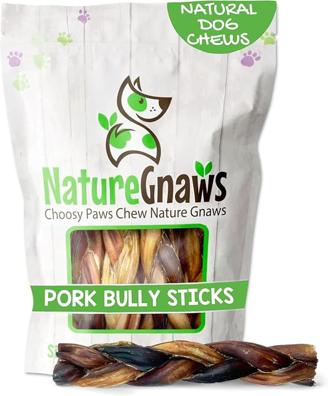Nature Gnaws Braided Pork Bully Sticks for Dogs 5-6" (20 Count) - Long Lasting for Small and Medium Dogs - Natural Bacon Dog Chew Treats - Rawhide Free