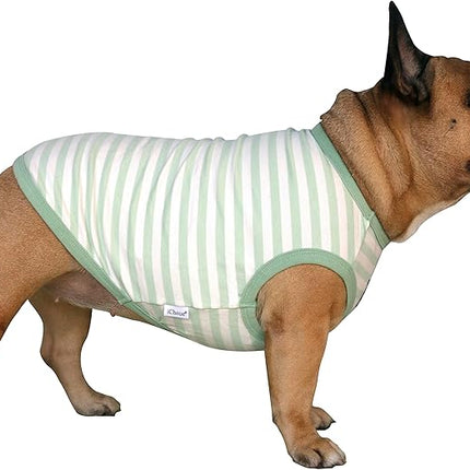 iChoue French Bulldog 100% Breathable Cotton Striped T Shirts Halloween Vest Clothes for Small Dogs Tank Tops Puppy Frenchie Pug English Boston Terrier Pitbull Green White Stripes - Medium