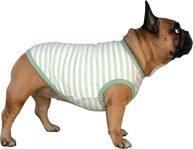 iChoue English Bulldog 100% Breathable Cotton Striped T Shirts Halloween Vest Clothes for Medium Dogs Tank Tops Puppy French Frenchie Pug Boston Terrier Pitbull Green White Stripes - XLarge