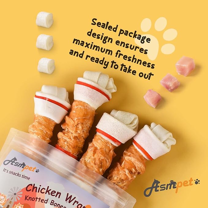 ASMPET Dog Treats Chews, 6.5" Chicken Wrapped Rawhide Knotted Bones Dental Care Chews for Small Medium Large Breeds（4 Pieces）