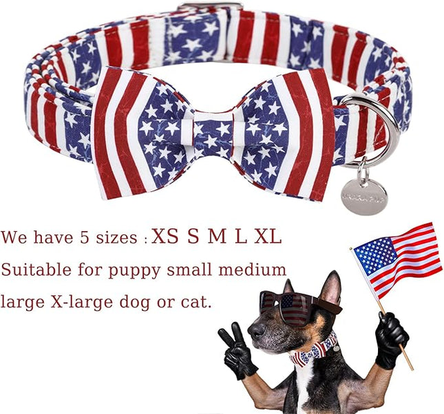 Dog Collar with Bow Tie, 4th of July Comfortable Cotton Dog Collar, American Flag Collar for Puppy Girl Boy Dog or Cat, Patriotic Bowtie Collar with Metal Buckle, XS