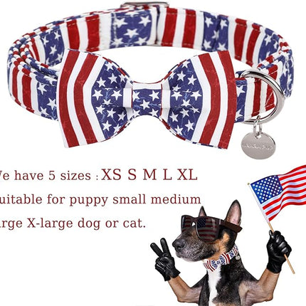 Dog Collar with Bow Tie, 4th of July Comfortable Cotton Dog Collar, American Flag Collar for Small Girl Boy Dog, Patriotic Bowtie Collar with Metal Buckle, S