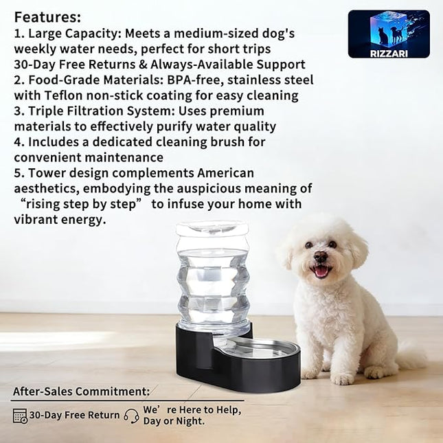 RIZZARI Dog Food Water Dispenser: 7L Automatic Black Large Stainless Steel Waterer with Filter - Gravity Water Feeder - Healthy Hydration for Pets Indoors Outdoors