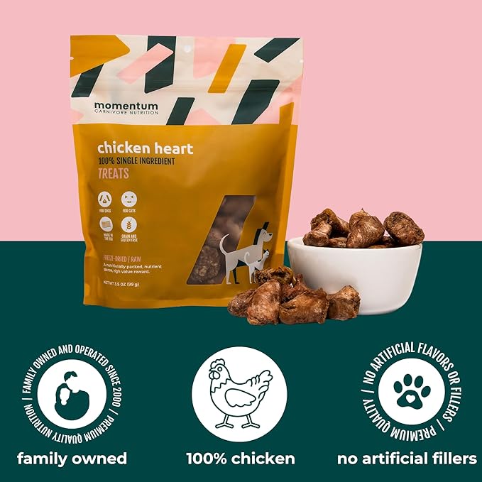 Momentum Carnivore Nutrition Freeze-Dried Chicken Heart Dog Treats – Single-Ingredient, Dog & Cat Treats – High-Protein, Grain-Free– 3.5 oz Bag