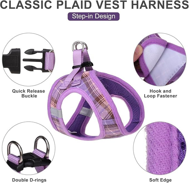 EXPAWLORER Classic Plaid Puppy Harness - Small Dog Harness and Leash Set - Dog Collar and Leash Set with AirTag Holder, Soft Padded Step in Dog Vest Harness No Pull Reflective for Outdoor, Purple XS