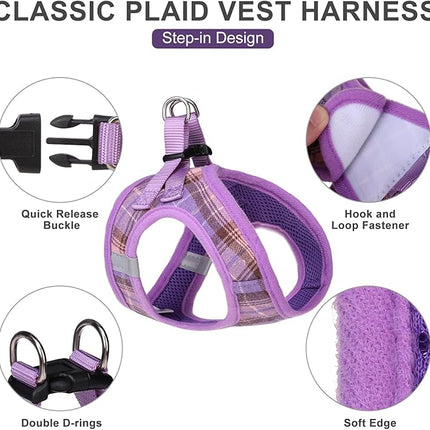 EXPAWLORER Classic Plaid Puppy Harness - Small Dog Harness and Leash Set - Dog Collar and Leash Set with AirTag Holder, Soft Padded Step in Dog Vest Harness No Pull Reflective for Outdoor, Purple S