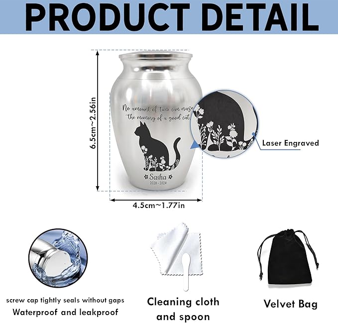 Artsy Woodsy Personalized Pet Memorial Mini Urns - Stainless Steel Decorative Keepsake Urns for Ashes, 2.56 inch, Gifts for Cat Lovers in Loving Memory