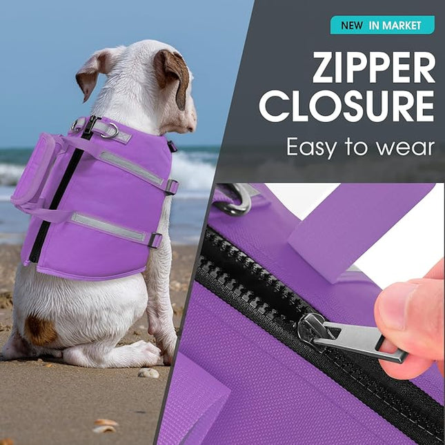 Queenmore Dog Life Jacket, Dog Life Vest for Swimming, Life Jackets for Small Dogs, Small Doggie Life Vest for Swimming, Cat Lifevest with Rescue Handle, Zipper (Purple, S)