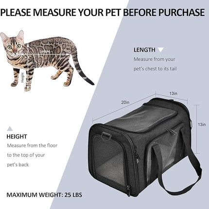 Large Soft Sided Cat and Pet Carrier for Cats and Puppies up to 25Lbs - Collapsible, Waterproof Travel Carrier - Black